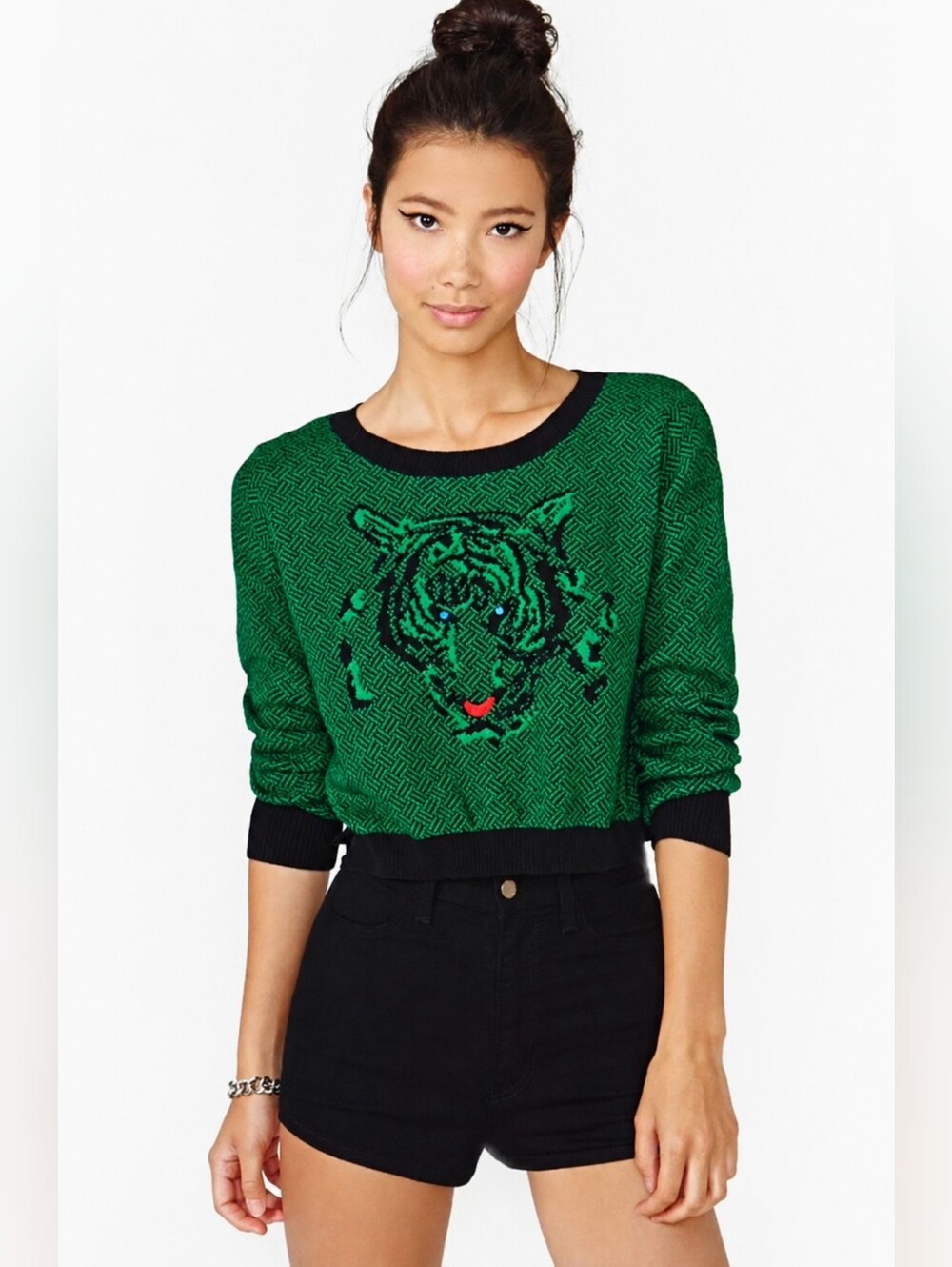Chico | Green Black Tiger Graphic 100% Cotton Knit Sweater, Size S